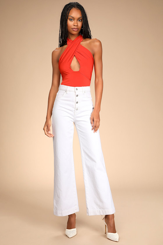 Catch Me Later Red Orange Cross-Front Cutout Halter Bodysuit 5