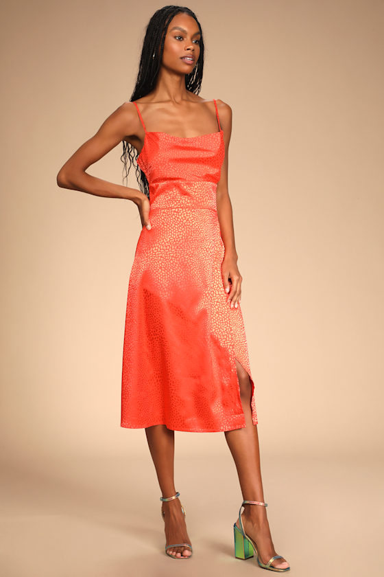 Fiercely Chic Coral Orange Satin Jacquard Print Cowl Midi Dress 6