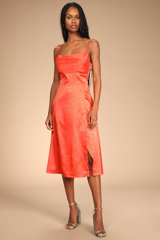 Fiercely Chic Coral Orange Satin Jacquard Print Cowl Midi Dress 5