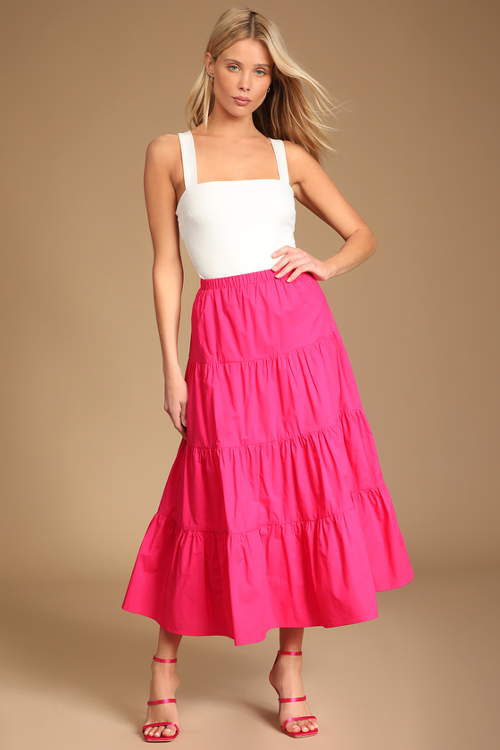 Hot Pink Skirt Tiered Midi Dress Cotton Skirt Poplin Skirt Lulus