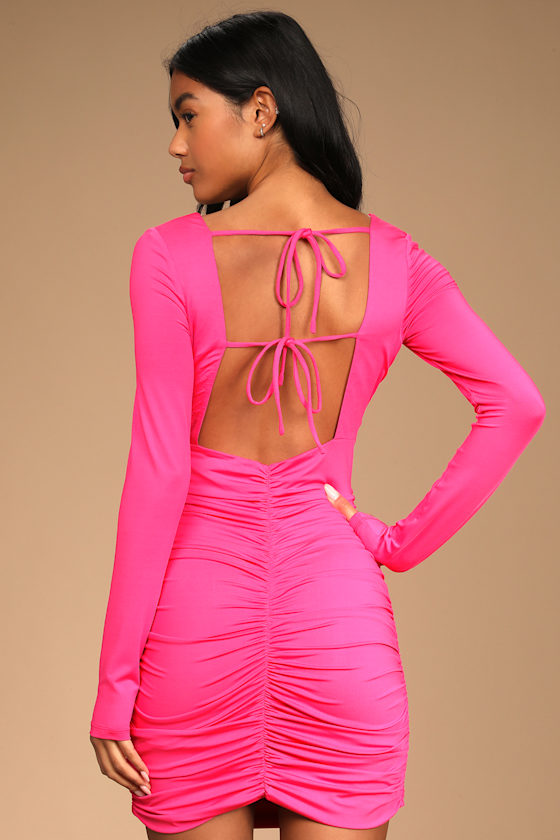 Feel the Attraction Hot Pink Ruched Long Sleeve Bodycon Dress 2