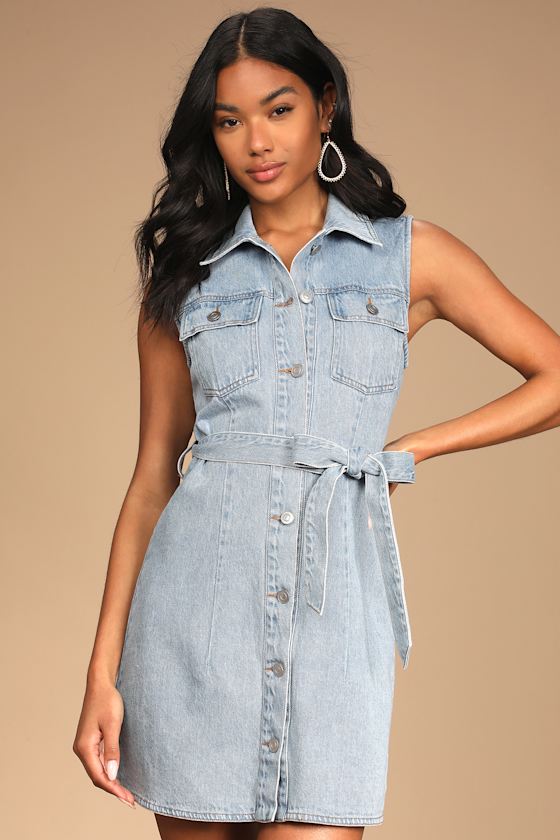 Trendy Throwback Light Wash Denim Button-Up Belted Mini Dress 4