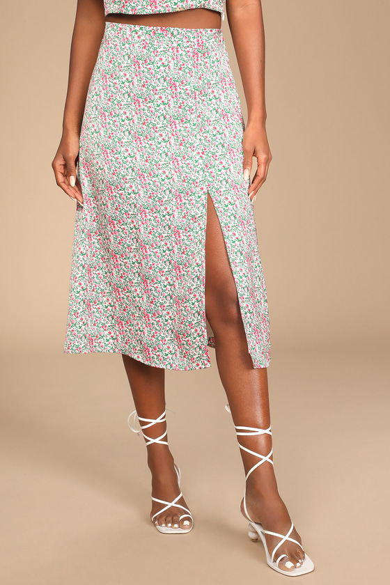 Flight of Flowers Green and Pink Floral Print Midi Skirt