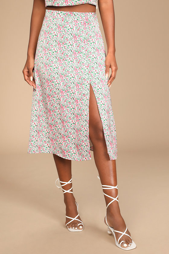 Flight of Flowers Green and Pink Floral Print Midi Skirt 2