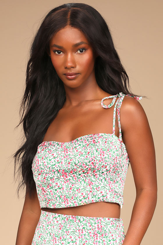 Flight of Flowers Green and Pink Floral Print Cropped Cami Top 1