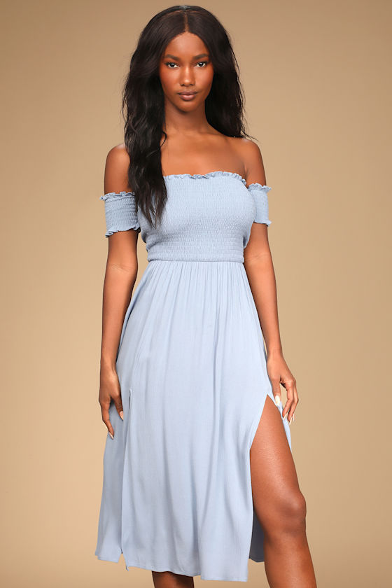 View from the Meadow Slate Blue Off-the-Shoulder Dress 5