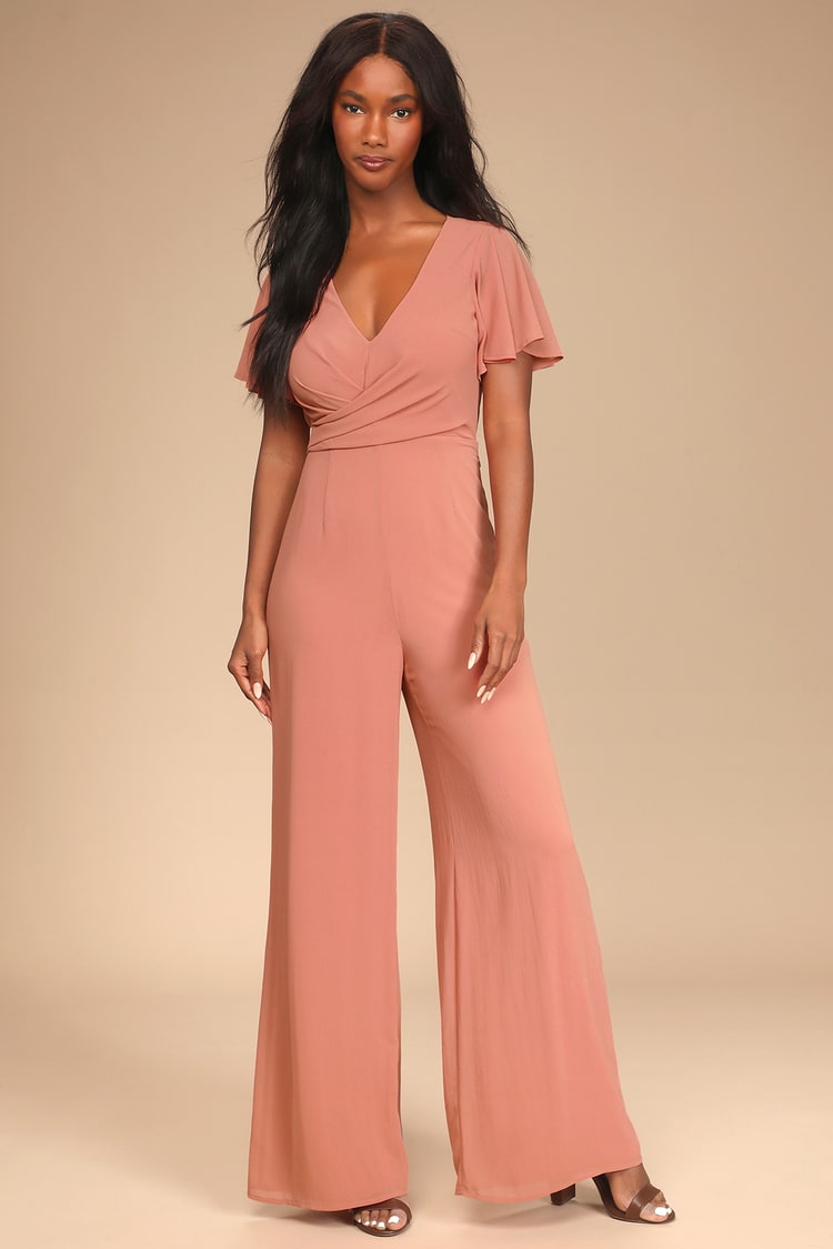 Rave Reviews Rusty Rose Flutter Sleeve Wide-Leg Jumpsuit