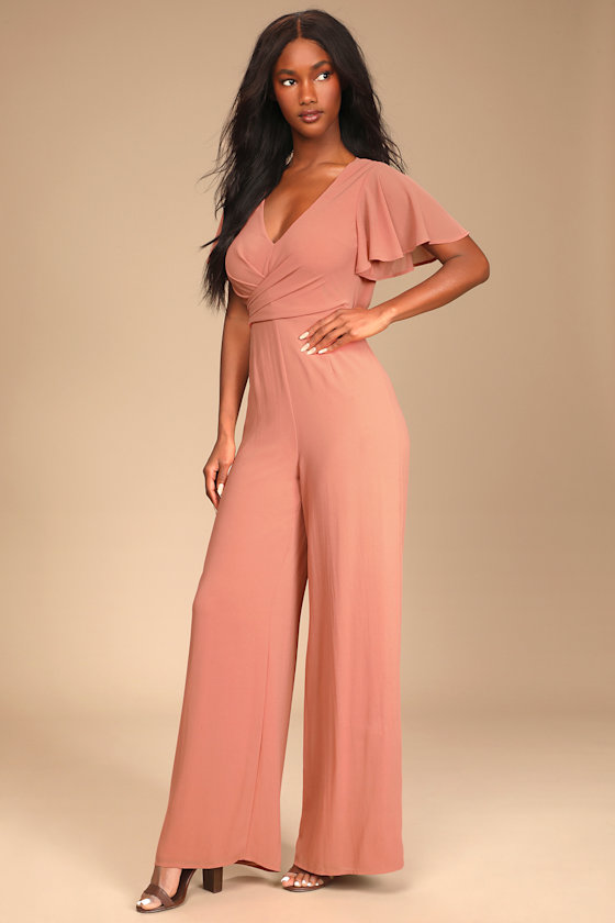 Rave Reviews Rusty Rose Flutter Sleeve Wide-Leg Jumpsuit 1
