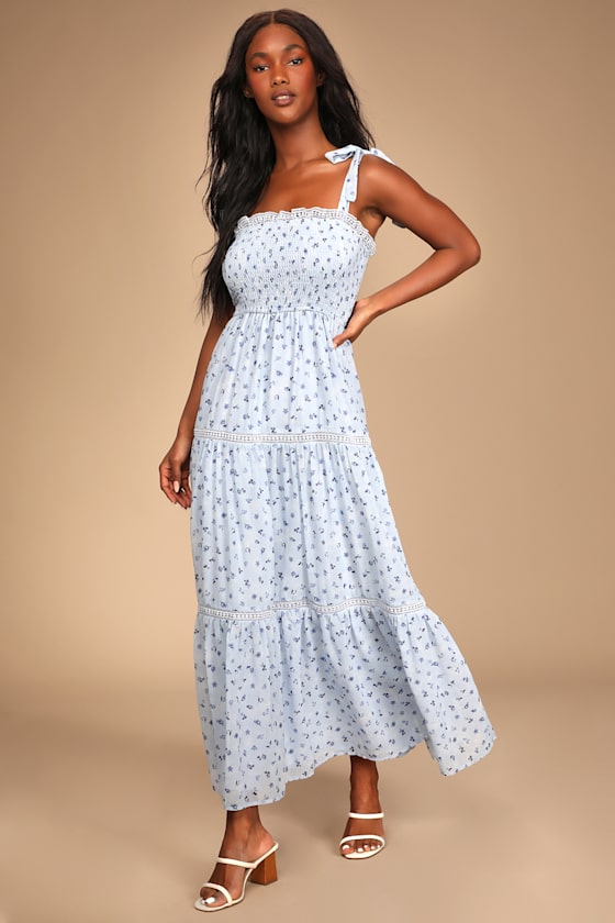 Blooming Perfection Blue Floral Print Tie-Strap Smocked Dress 6