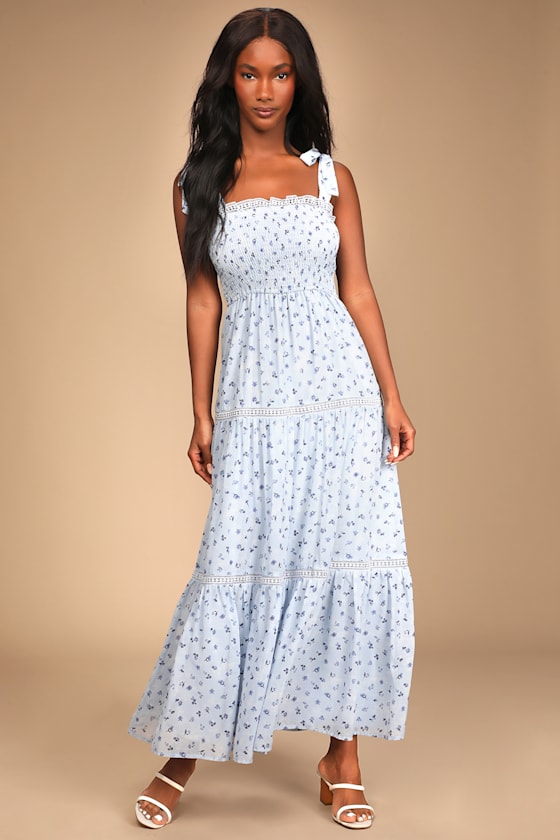 Blooming Perfection Blue Floral Print Tie-Strap Smocked Dress 5