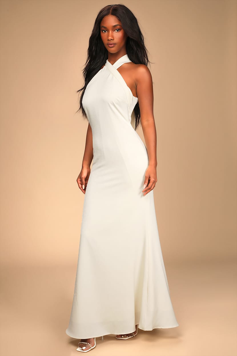 Iconic Romance Ivory Satin Halter Column Maxi Dress
