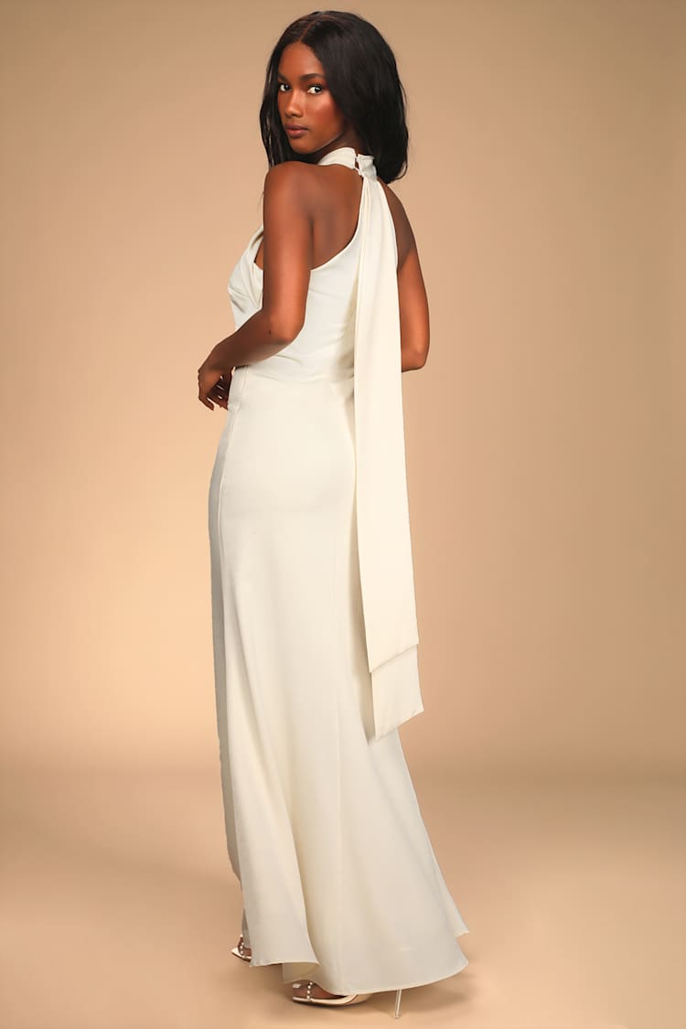 knee length dresses for ladies Anise Premium Jersey Cowl Neck Backless Maxi Dress in Ivory main image 0