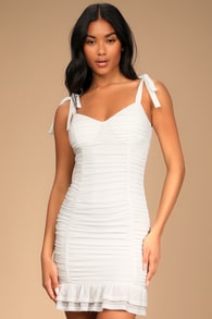 Darling Deets White Ruched Mesh Tie-Strap Bodycon Mini Dress