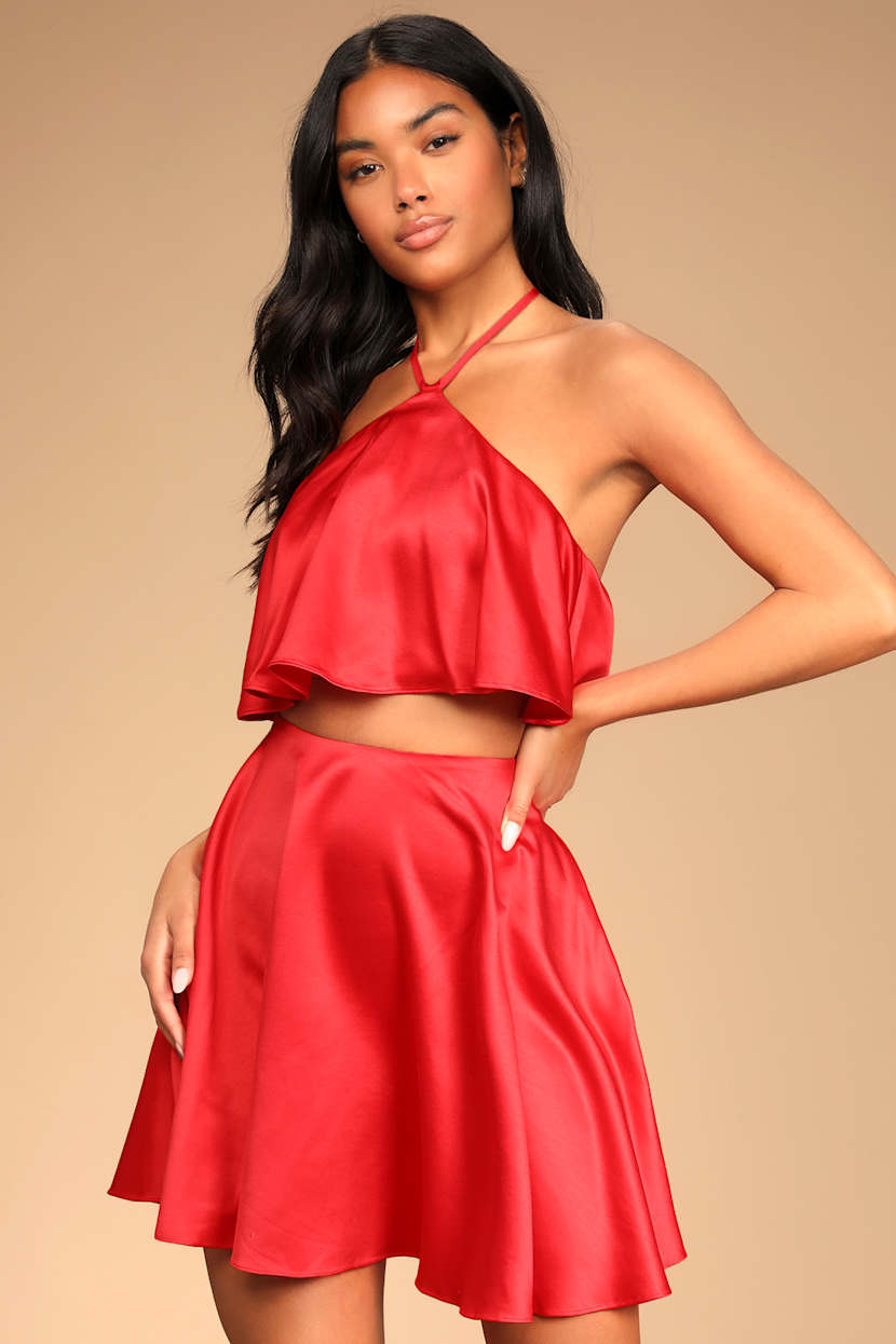 red satin mini skater dress Cowl Neck Short Satin Skater Dress