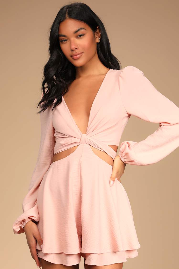 Blush Romper - Long Sleeve Romper - Cutout Wrap Romper - Lulus