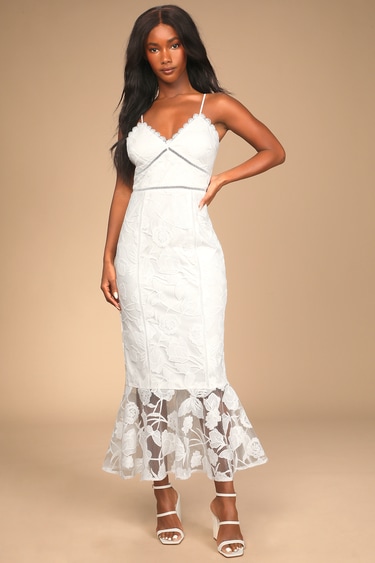 Alluring Dream White Floral Mesh Lace Trumpet Midi Dress