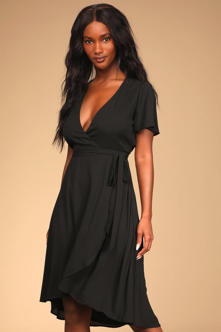 Rise to the Occasion Black Midi Wrap Dress