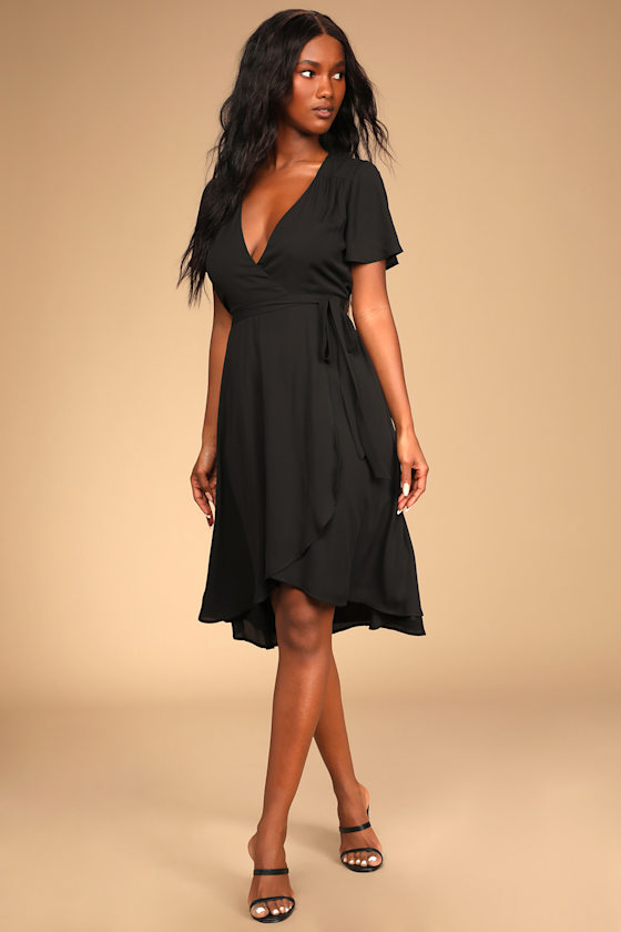 Lovely Black Wrap Dress - Midi Wrap Dress - Midi Dress - Lulus