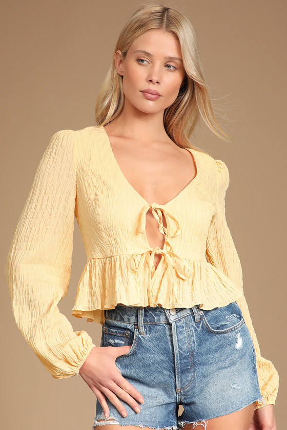 Light Yellow Peplum Top - Long Sleeve Top - Tie-Front Top - Lulus