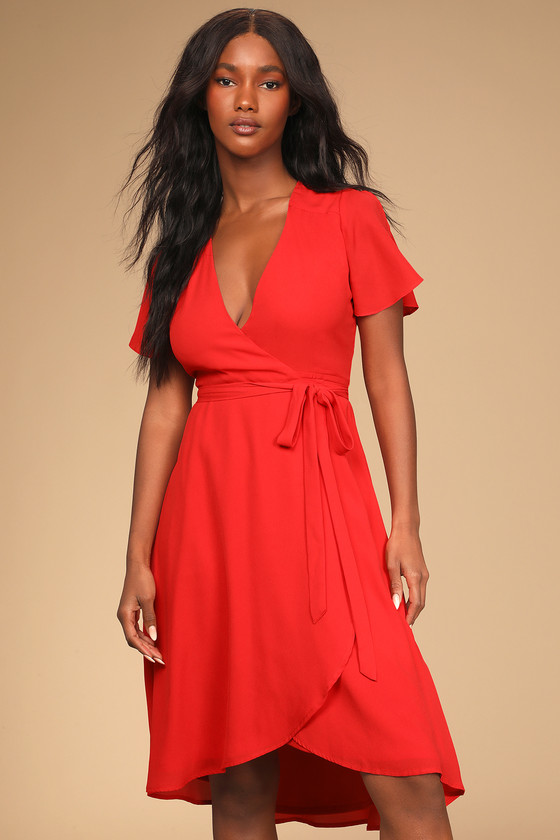 Rise to the Occasion Bright Red Midi Wrap Dress