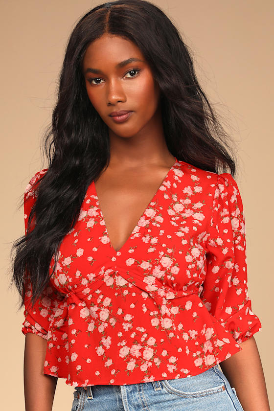 Poppy Punch Red Floral Print Three-Quarter Sleeve Top 5
