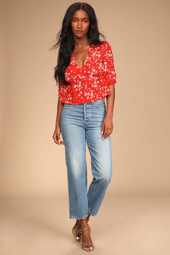 Poppy Punch Red Floral Print Three-Quarter Sleeve Top 2