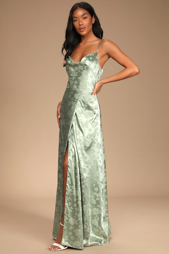 Simply Dreamy Sage Green Satin Floral Jacquard Maxi Dress 5