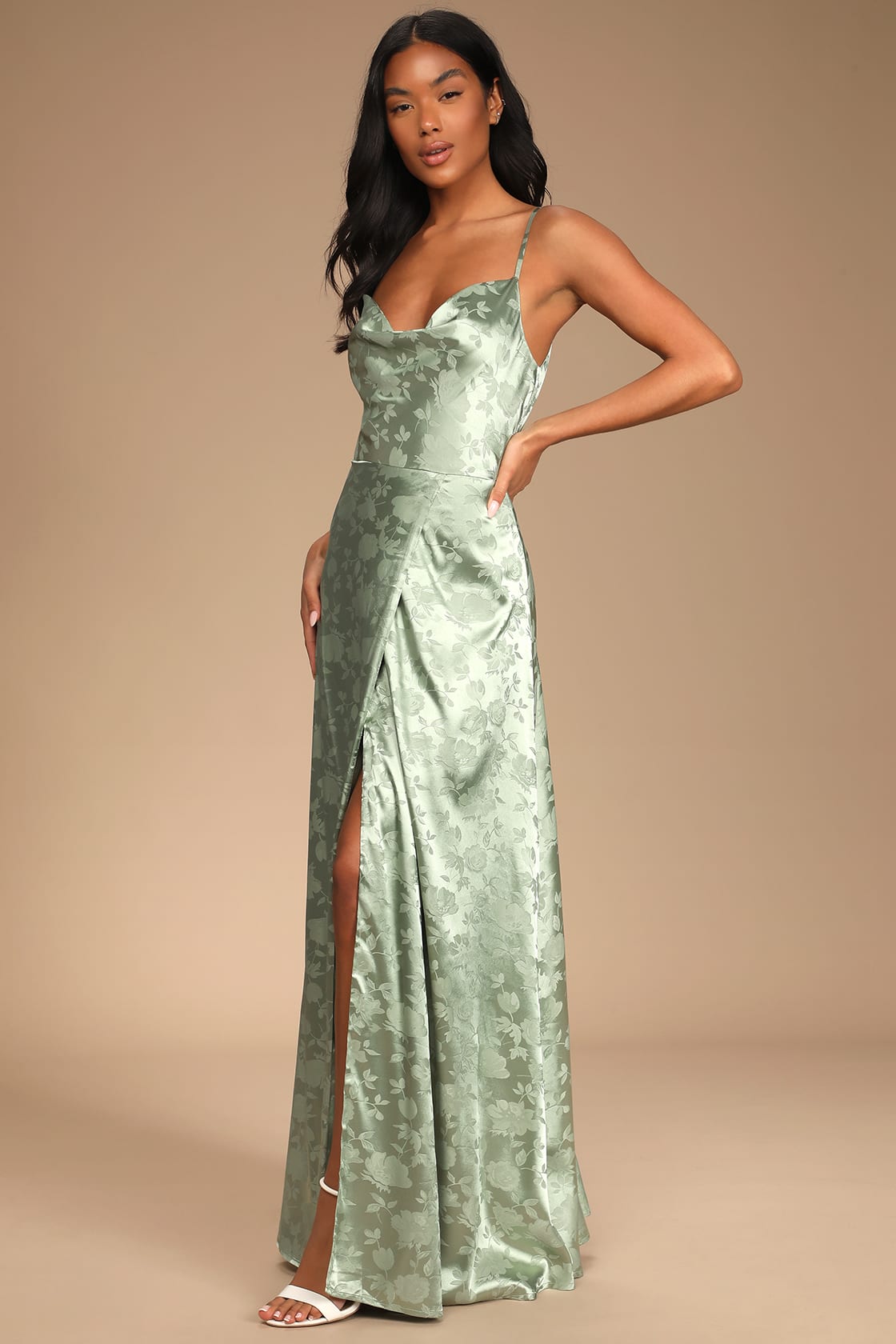 Simply Dreamy Sage Green Satin Floral Jacquard Maxi Dress