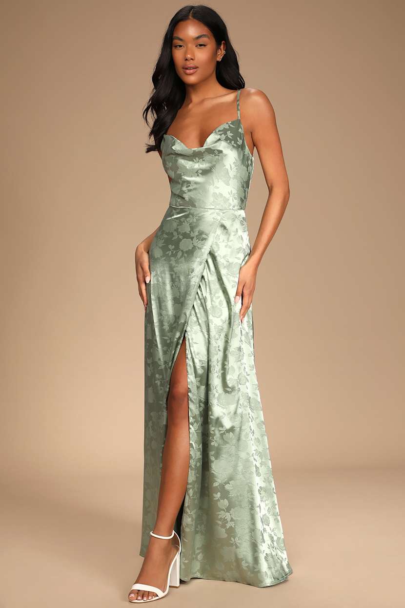 Sage Green Maxi Dress - Satin Jacquard Dress - Cowl Neck Dress - Lulus