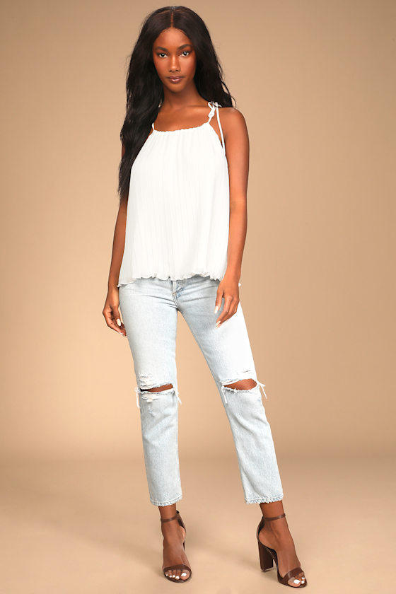 Ivory Cami Top - Pleated Cami - Tie-Strap Cami Top - Women's Tops