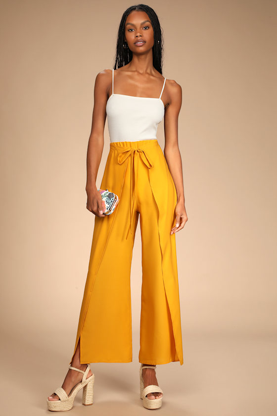 Bright and Breezy Marigold Tie-Front Culotte Side Slit Pants 4