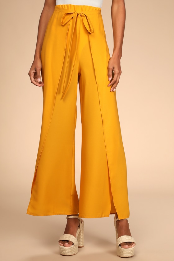 Bright and Breezy Marigold Tie-Front Culotte Side Slit Pants