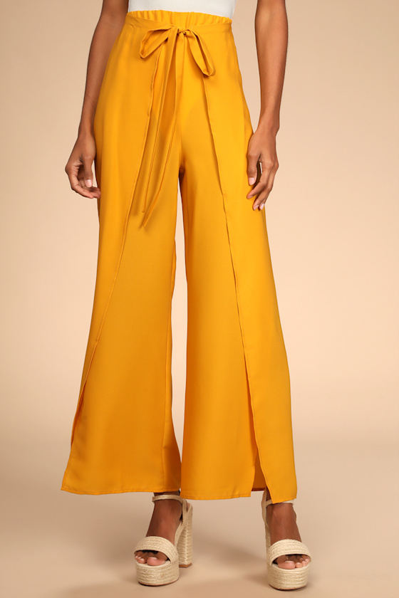 Bright and Breezy Marigold Tie-Front Culotte Side Slit Pants 3