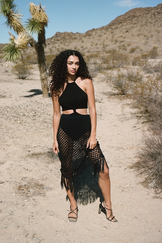 Sunshine and Fun Times Black Crochet Fringe Swim Cover Up Skirt