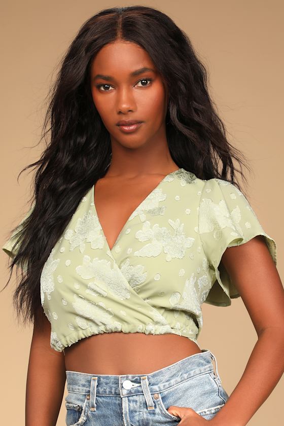 Sage Floral Top Jacquard Crop Top Flutter Sleeve Wrap Top Lulus