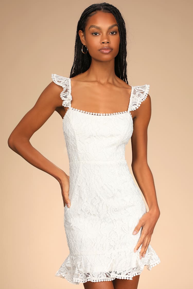 Ivory Mini Dress - Lace Mini Dress - Ruffled Sleeveless Dress - Lulus