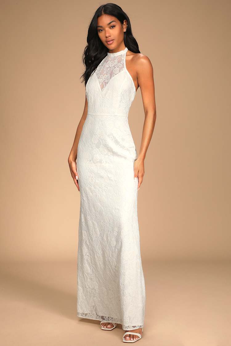 Love Season White Lace Backless Halter Maxi Dress Love Season White Lace Backless Halter Maxi Dress