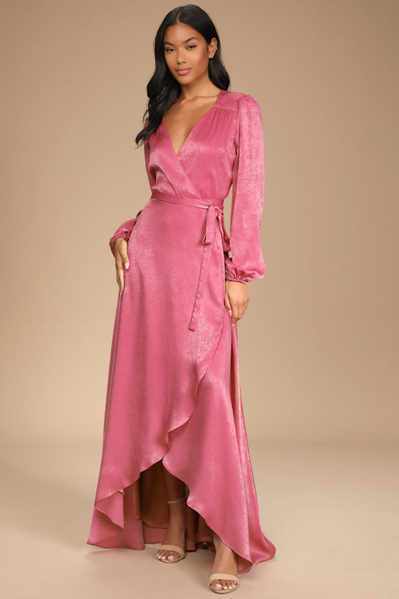 Endless Moments Marsala Satin Long Sleeve Wrap Maxi Dress 1