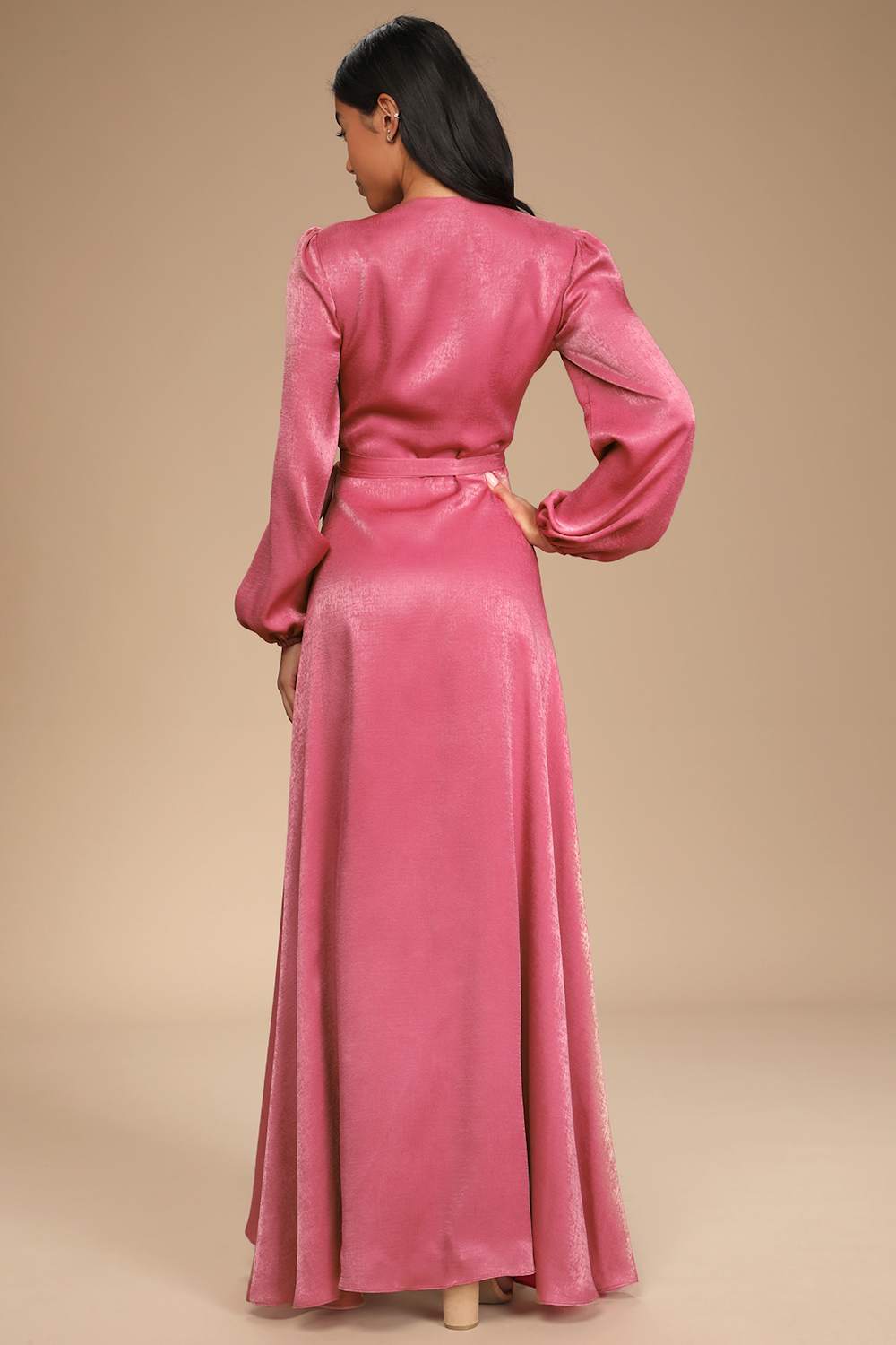 Endless Moments Marsala Satin Long Sleeve Wrap Maxi Dress