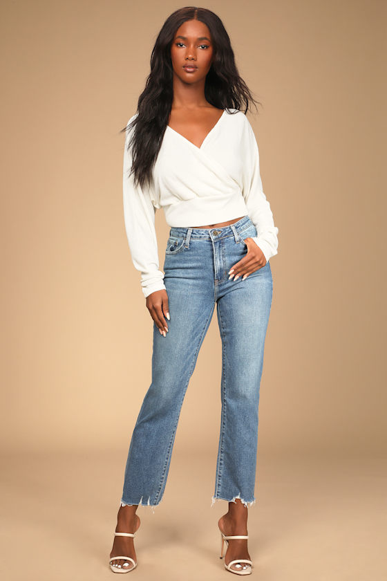 Ivory Knit Top - Surplice Crop Top - Long Sleeve Top - Lulus
