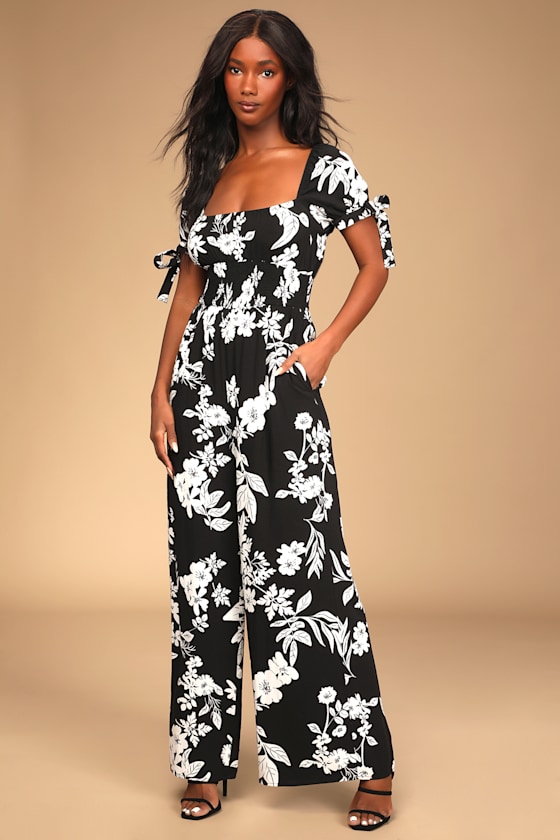 Night and Day Black Floral Print Short Sleeve Wide Leg Jumpsuit 3