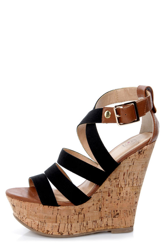 My Delicious Clean Black and Tan Cotton Strappy Wedge Sandals - $26.00 ...