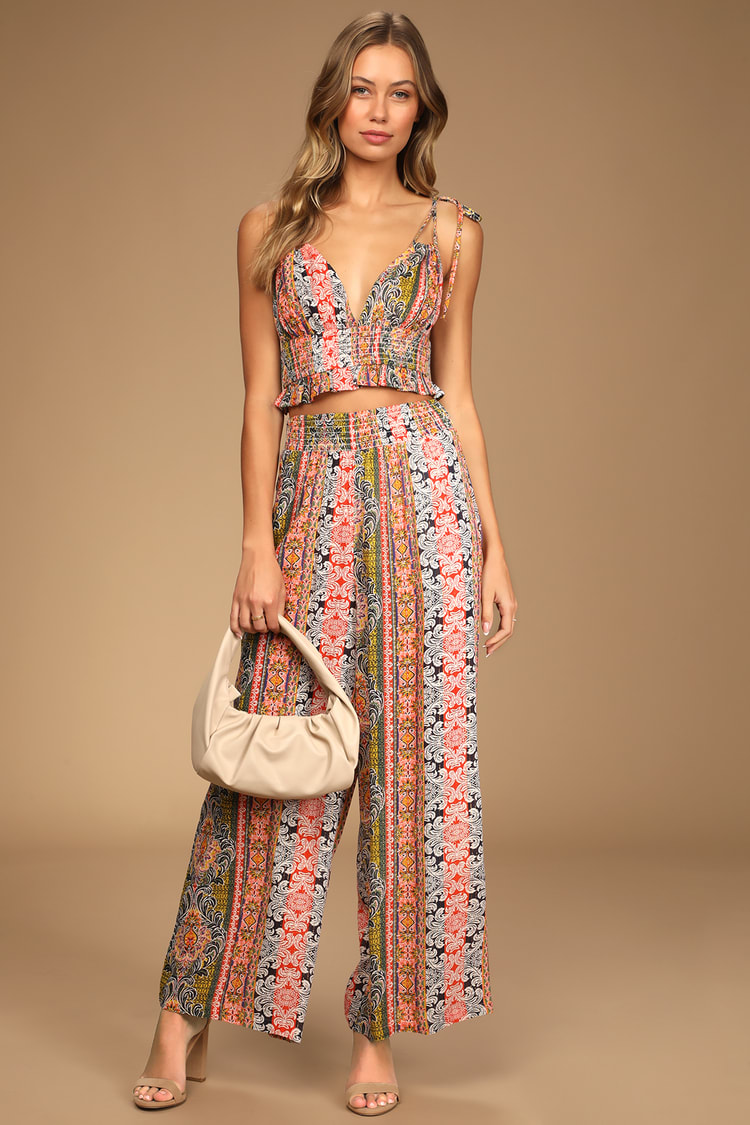 Trendy Traveler Boho Print High-Waist Wide Leg Pants