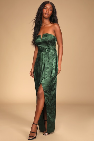 Easy Elegance Emerald Floral Jacquard Satin Strapless Maxi Dress