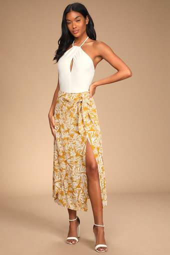 Ocean Breezes Mustard Yellow Tropical Print Faux-Wrap Midi Skirt