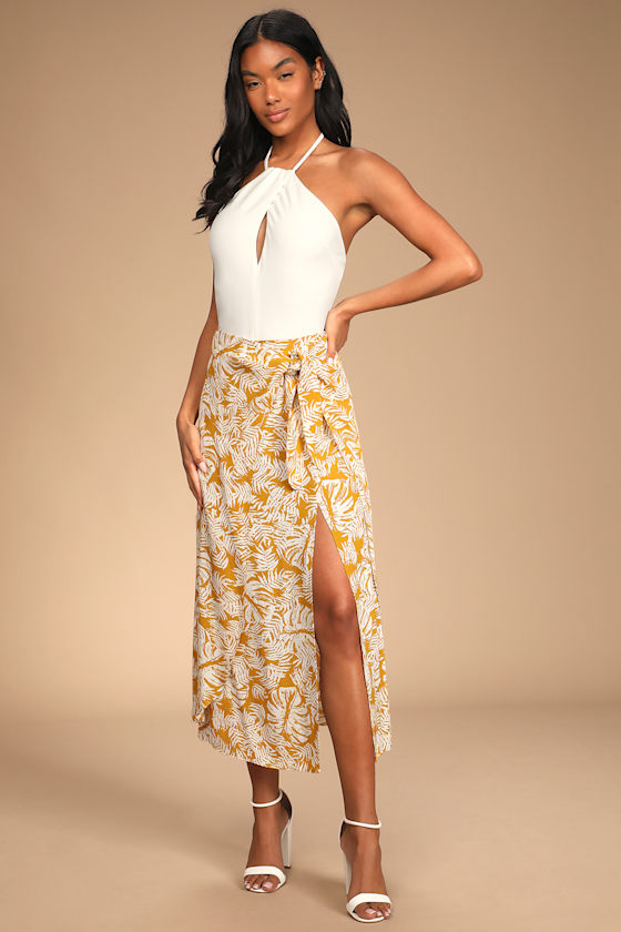 Ocean Breezes Mustard Yellow Tropical Print Faux-Wrap Midi Skirt 4
