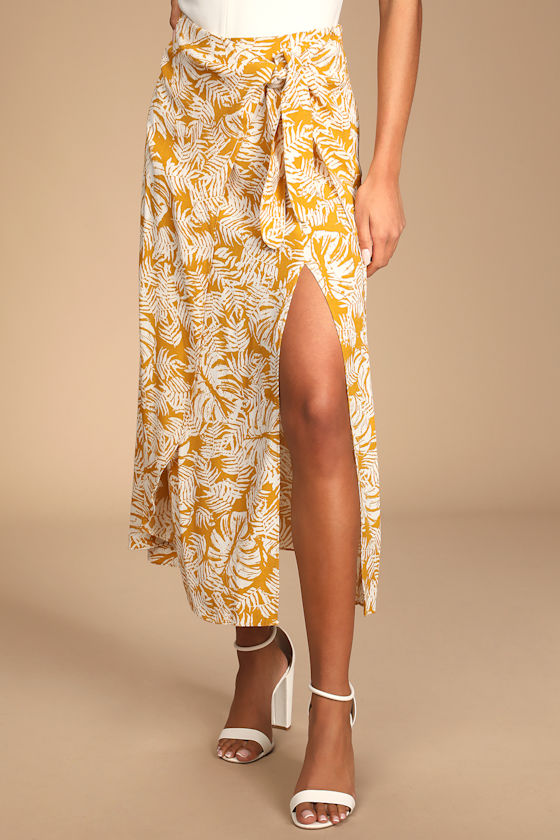 Ocean Breezes Mustard Yellow Tropical Print Faux-Wrap Midi Skirt 1