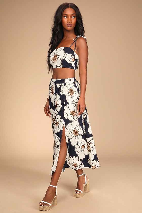 New On The Scene Navy Blue Floral Print Two-Piece Midi Dress