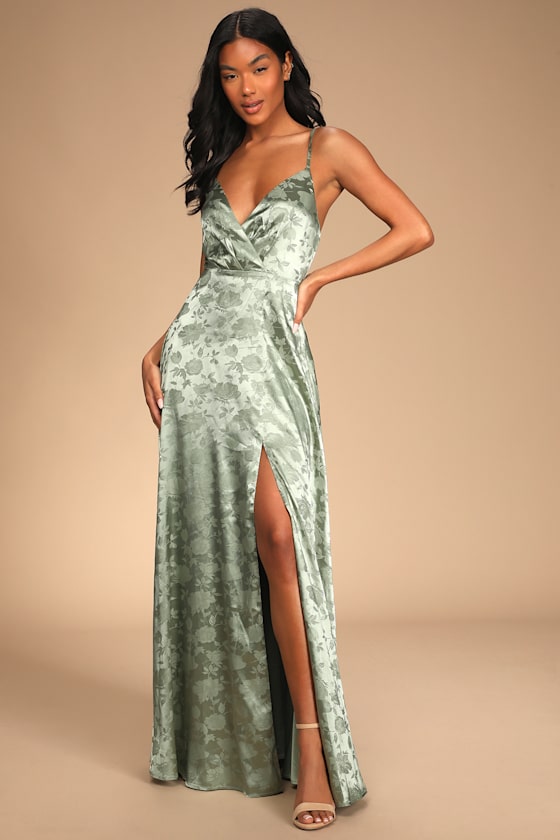Forever Exquisite Sage Green Satin Surplice Maxi Dress 4