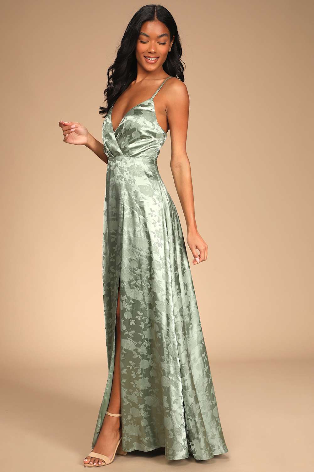 Forever Exquisite Sage Green Satin Surplice Maxi Dress